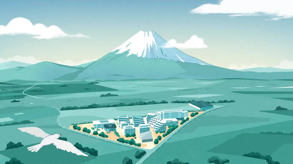 富士山を背景にしたWoven Cityのイラスト