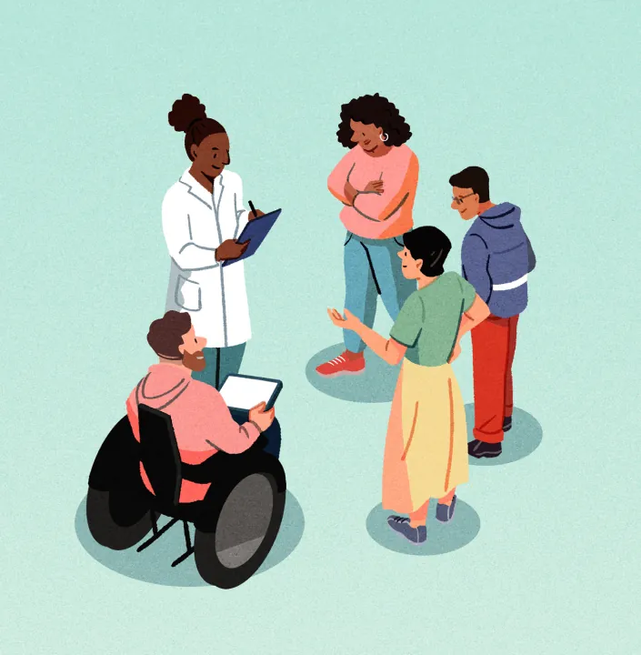 Illustration of people discussing and sharing ideas together