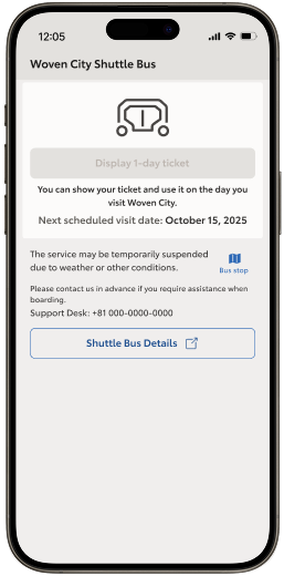 Two smart phones side by side with the left showing the free shuttle bus ticket access screen with an error message and disabled button on a day when the visitor has not reserved to come to Woven City, and the right shows a screen with the "Attend Traffic Education" task checked off, but the "Book a visit to Woven City" unchecked which causes the free shuttle bus ticket access to be disabled