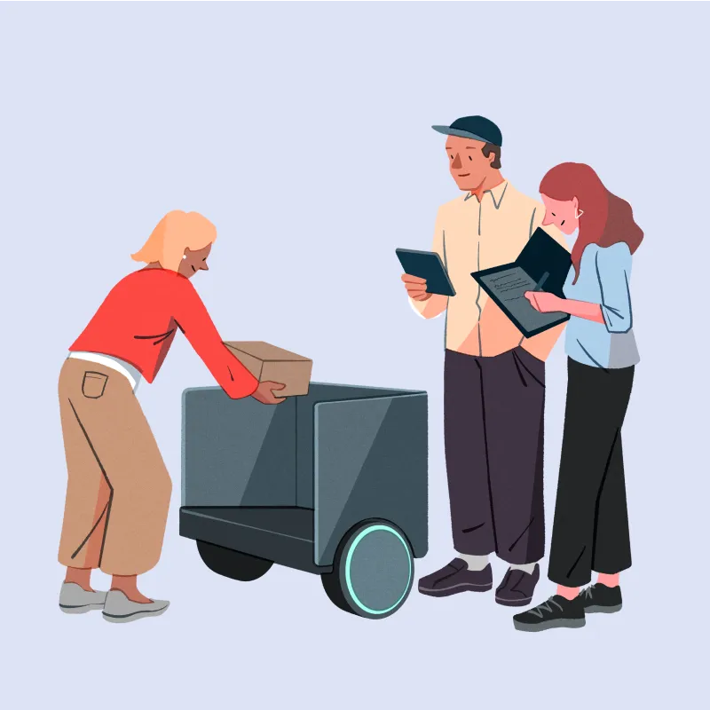 プロトタイプにモノを載せようとする人と、プロトタイプの横で観察をしている2人のイラスト。