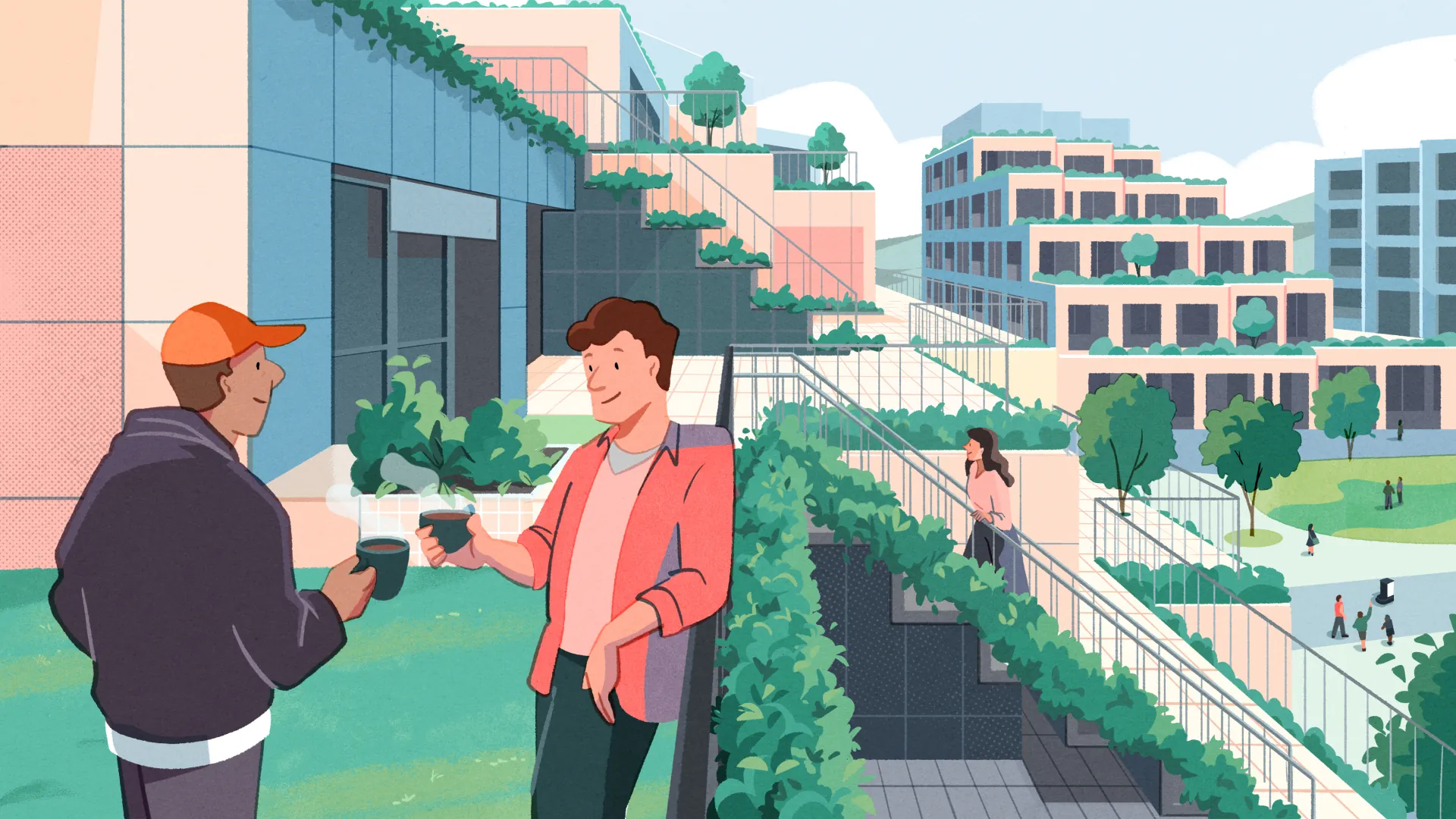 Illustration of everyday life throughout Woven City.