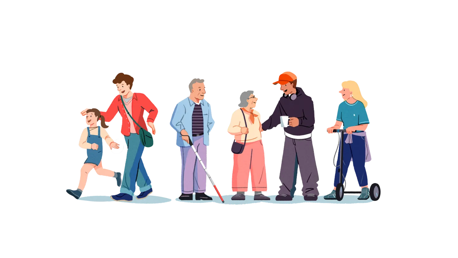 様々な移動手段を使っている多様なウィーバーズ（住民やビジター）のイラスト