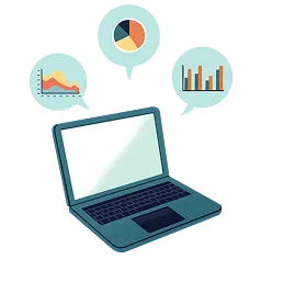 Illustration of a laptop with various charts in circles around the laptop