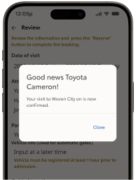 The Woven City reservation date selection and Woven City car registration screens on smart phones