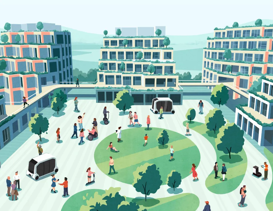 Illustration of Woven City with various people going about their day through various methods of mobility.